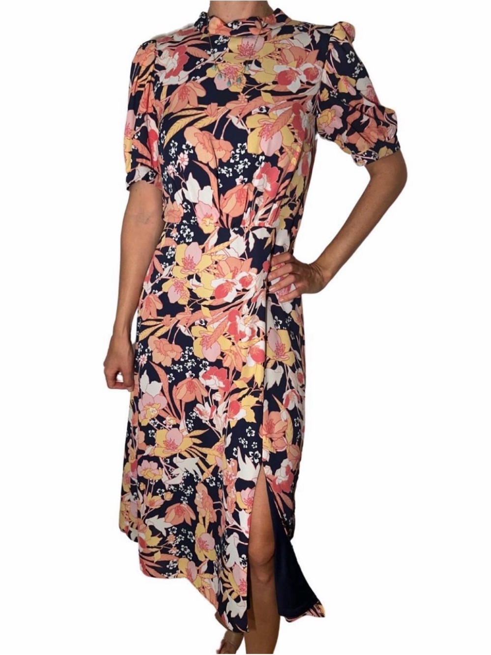 julia jordan Navy Floral Midi Dress with Pink & Yellow Blooms